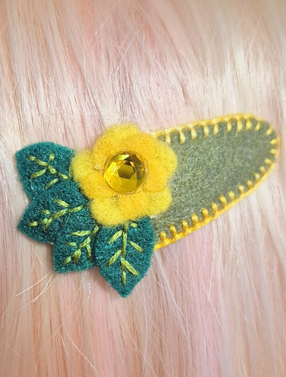 Handmade Yellow Flower Felt Hair Clip With Green Leaves